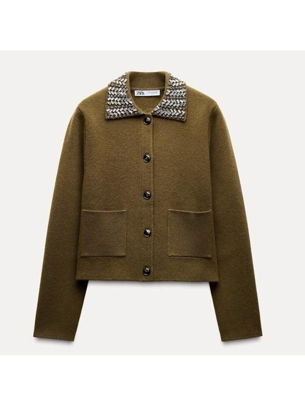 Zara ZW Collection 100% Wool Jewel Collar Cardigan Size XL